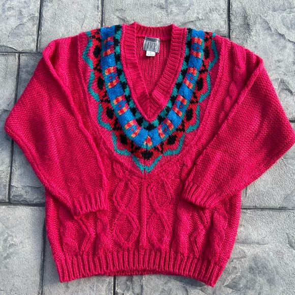 Vintage Sweaters - Vintage 80s 90s Handknit Ivy V Neck Hot Pink Fuschia Preppy Chunky Sweater M